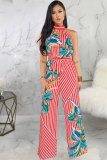 Green Sexy Fashion Patchwork Print Polyester Sleeveless O Neck Jumpsuits