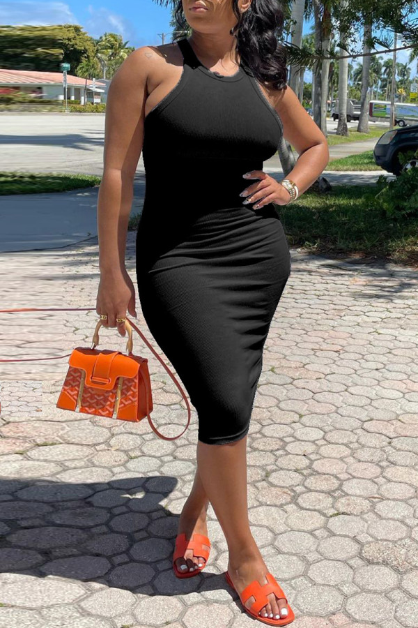 Black Sexy Casual Solid Basic O Neck Vest Dress