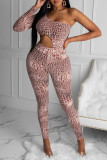 Multicolor Fashion Sexy Print Hollowed Out Oblique Collar Long Sleeve Two Pieces