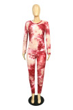 Red Fashion Casual Print Tie-dye V Neck Long Sleeve Two Pieces