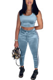 Light Blue Velvet Fashion Casual adult Ma'am Patchwork Solid Two Piece Suits Straight Sleeveless Two Pieces