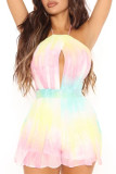 Yellow Fashion Sexy Print Hollowed Out Backless Halter Regular Romper
