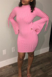 Pink Fashion Casual Solid Strap Design Turtleneck Long Sleeve Dress Dresses