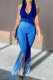 Blue Sexy Solid Tassel V Neck Skinny Jumpsuits