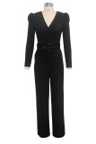 Black Sexy Solid Patch With Belt V Neck Regular Jumpsuits
