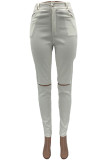 Pink Casual Solid Ripped Skinny Mid Waist Pencil Bottoms