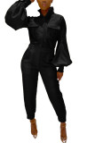 Black Fashion Casual Adult Twilled Satin Solid Pocket Turndown Collar Skinny Jumpsuits