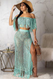 Blue Polyester Sexy Fashion tassel HOLLOWED OUT Solid perspective Patchwork A-line skirt Short Sleeve Tw
