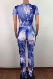 Blue Polyester Fashion Casual adult Ma'am Print Draped Two Piece Suits pencil Short Sleeve Two Pieces