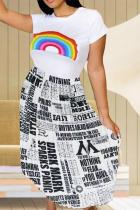 White Polyester Fashion Sexy Newspaper Two Piece Suits Rainbow Solid Regular Short Sleeve