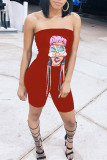 Red Sexy Casual Print Backless Strapless Skinny Romper
