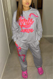 Grey Fashion Casual Letter Print Basic O Neck Long Sleeve Two Pieces