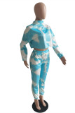 Blue Fashion Casual Tie Dye Printing Half A Turtleneck Long Sleeve Two Pieces