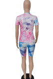 Powder blue Fashion adult England Ma'am Print Tie Dye Two Piece Suits pencil Short Sleeve Two Pieces