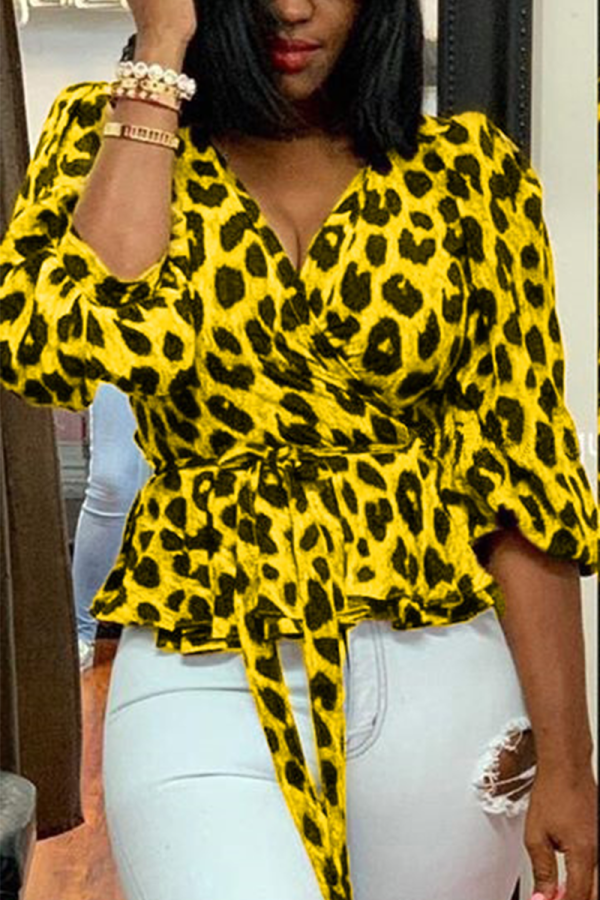 Yellow Street Leopard Bandage V Neck Tops