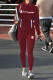 Wine Red Casual Print Patchwork Turtleneck Long Sleeve Two Pieces