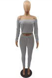 Grey Fashion Casual Solid Backless Off the Shoulder Long Sleeve Two Pieces