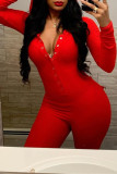 Red Casual Living Letter Embroidery Basic V Neck Skinny Jumpsuits