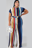 Royal blue Sexy O Neck Print Striped Two Piece Suits Stripe