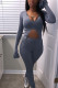 Dark Gray Casual Patchwork Solid Flare sleeve crop top pencil Long Sleeve Two Pieces