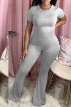 Grey Sexy Patchwork Solid Cotton Short Sleeve O Neck Jumpsuits