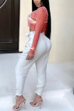 Red Fashion Sexy Solid Patchwork See-through O Neck Tops