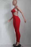Pink Sexy Solid Hollowed Out Halter Skinny Jumpsuits