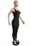 Black Sexy Casual Embroidery Backless O Neck Skinny Jumpsuits
