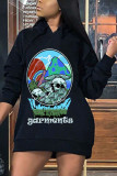 Peacock blue Fashion Street Adult Polyester Print Pullovers Hooded Collar Long Sleeve Mini Printed Dress Dresses