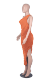 Orange Casual Solid High Opening One Shoulder Sleeveless Dress Dresses