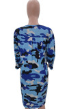Blue Polyester OL Cap Sleeve Long Sleeves O neck Step Skirt Knee-Length Print lip