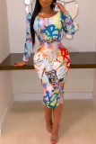 Orange Street Print Patchwork O Neck Pencil Skirt Dresses