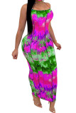 rose red Fashion Sexy adult Ma'am Off The Shoulder Sleeveless Slip Step Skirt Ankle-Length Print Tie and dye Dresses
