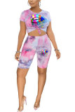 Pink Fashion adult England Patchwork Print Tie Dye Two Piece Suits Lips Print pencil Short Sleeve Two Pieces