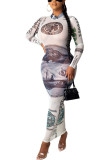 Grey Fashion Sexy adult Ma'am Cap Sleeve Long Sleeves O neck Step Skirt Ankle-Length Print Mesh Dresses