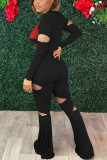 Pink Sexy Solid Ripped Patchwork Fold O Neck Long Sleeve Two Pieces