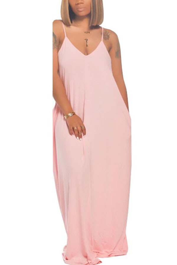 Pink Fashion Casual adult Ma'am Spaghetti Strap Sleeveless V Neck Swagger Floor-Length Solid backless Dresses