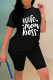 Black Fashion Casual Letter Print Basic O Neck Short Sleeve Two Pieces