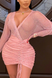 Pink Sexy Patchwork See-through Mesh V Neck One-piece Suits Dresses