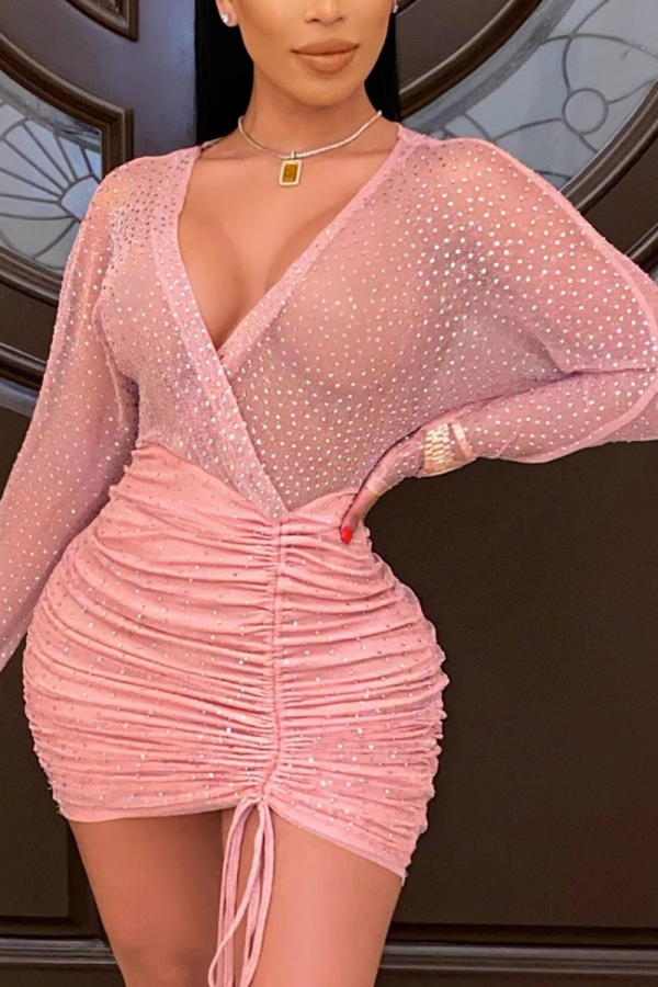 Pink Sexy Patchwork See-through Mesh V Neck One-piece Suits Dresses