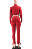 Red Casual Solid Draw String O Neck Long Sleeve Regular Sleeve Short Two Pieces
