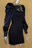 Black Fashion Sexy Solid Patchwork Square Collar A Line Dresses
