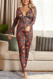 multicolor Sexy Living Polyester Knitting National Totem Print Buttons U Neck Plus Size