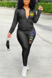 Grey Fashion Casual Print Letter Hooded Collar Long Sleeve Two Pieces（With Mask)