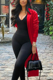 Red Fashion Street Adult Faux Leather Solid With Belt Turndown Collar Outerwear