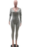 Grey Fashion Casual Adult Solid Patchwork V Neck Skinny Jumpsuits