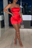 Red Sexy Solid Patchwork Strapless Sleeveless Two Pieces
