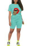 Turquoise venetian Fashion Sexy adult Ma'am Print Two Piece Suits pencil Short Sleeve Two Pieces