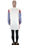 White Polyester Casual Shirt sleeves Long Sleeves O neck A-Line skirt Striped Patchwork Long Sleeve Dress