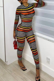 Multicolor Casual Striped Patchwork O Neck Skinny Jumpsuits